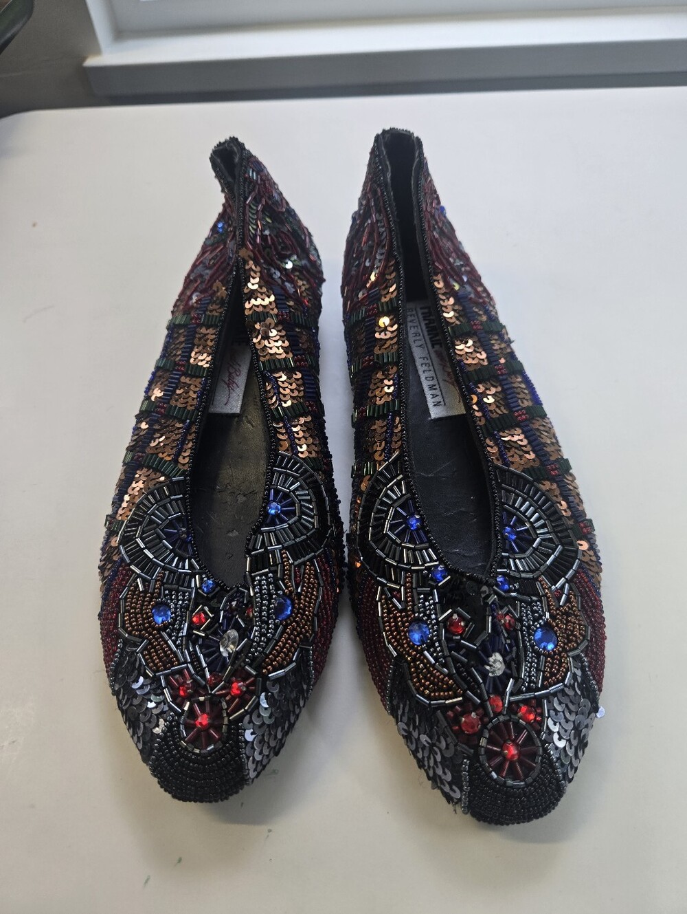 Beverly Feldman Beaded Sequined Flats in Black, Red, Blue